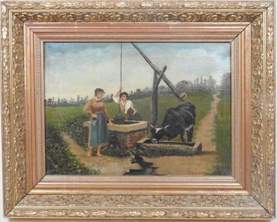 une peinture à l'huile représentant un homme et une femme dans un champ, en compagnie d'une vache