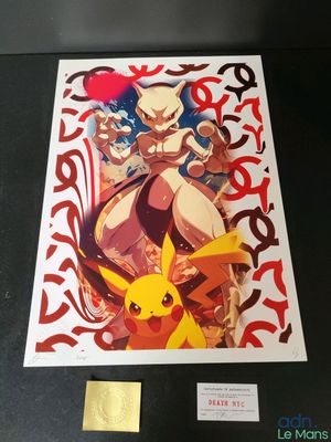 une photo encadrée représentant un Pikachu et un Pikachu devant un panneau