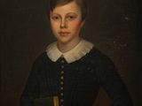 a painting of a boy holding a book in his hands