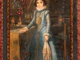painting of a woman in a blue dress standing in front of a table
