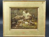 une image représentant un tableau montrant des moutons et des agneaux dans une grange