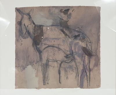 une photo d'une photo représentant un cheval et une vache