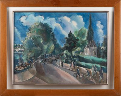tableau représentant un groupe de personnes faisant du vélo sur une route