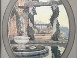 une photo d'un tableau représentant une fontaine au milieu d'un parc