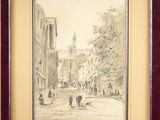framed drawing of a street scene with people and buildings in the background