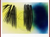 tableau représentant une peinture abstraite bleue et jaune, dans un cadre rouge