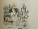 an open book with a picture of a man and a woman sitting on a bench