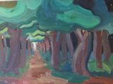 a painting of a path between two trees on a sunny day
