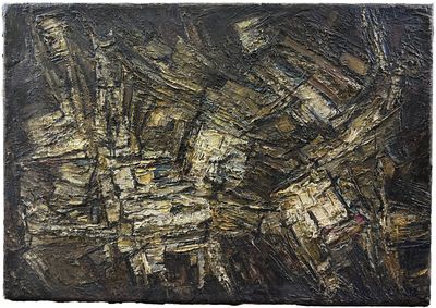 une peinture abstraite représentant un paysage urbain en noir et or