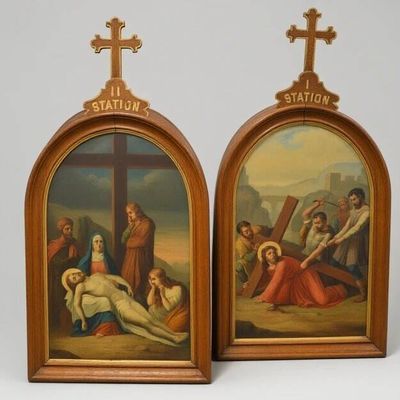 two paintings of jesus laying on the cross in front of a group of people
