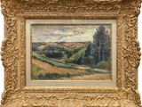 a painting of a landscape with trees and hills in a gold frame