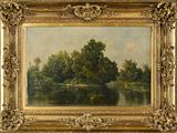 l'image d'une peinture représentant une rivière avec des arbres en arrière-plan