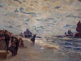 a painting of people on the beach with boats in the water