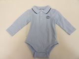 baby boy ' s blue polo shirt bodysuit with white collar and black trim