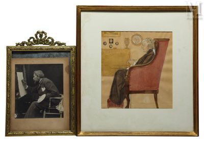 deux photos encadrées représentant un homme assis sur une chaise à côté d'un tableau