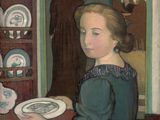 un tableau représentant une femme tenant une assiette dans une pièce