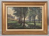 an oil painting of trees and a stream in a wooded area