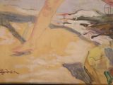 a painting of a woman walking on the beach