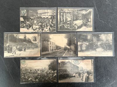 several old black and white photos of people on a train track