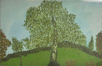 a painting of a tree on a hill with a sky background