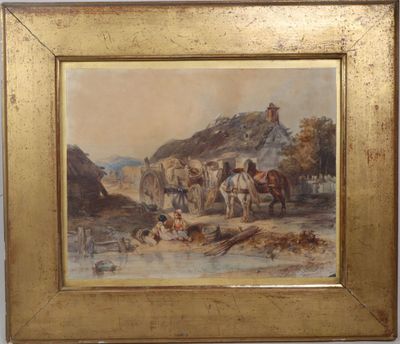an image of a painting of a group of horses by a river