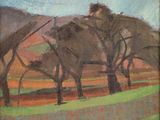 une peinture à l'huile représentant un homme labourant un champ avec deux éléphants