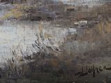 an oil painting of a landscape with a river in the foreground