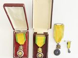 deux médailles et une médaille se trouvent dans un écrin posé sur une surface blanche