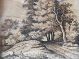 a picture of a painting of trees on the side of the road