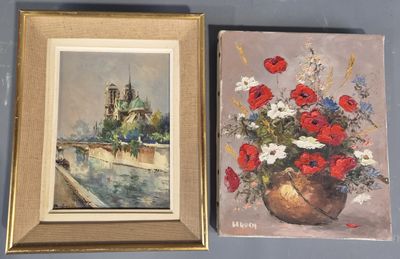 two paintings of flowers in a vase and a picture of a church