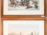deux gravures encadrées représentant un homme à cheval et un chien poursuivant un autre chien