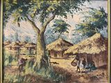 painting of a village scene with a tree and people in the foreground