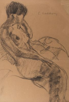 dessin représentant un homme assis sur un lit, la tête posée sur un oreiller