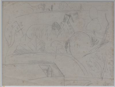 dessin au crayon représentant un cheval et un homme dans un paysage
