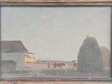 une peinture à l'huile représentant une scène de vie à la ferme avec une vache et deux hommes