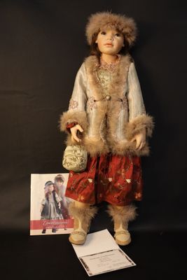 an image of a doll with a fur coat holding a bag