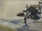 a watercolor painting of a lone tree on the side of the road
