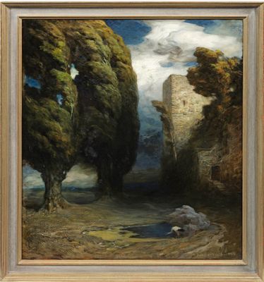 l'image d'un tableau représentant un paysage avec un château en arrière-plan