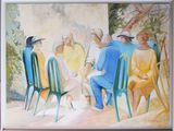 une peinture représentant un groupe de personnes assises autour d'une table