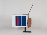 an image of a television set with a red and blue stripe on it