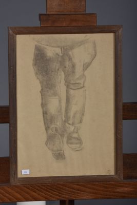 drawing of a pair of boots on a shelf in front of a painting