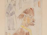 drawing of a man in a hat and coat standing in front of a group of people