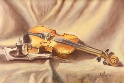 René ABSIRE (XXème siècle). Nature morte au violon.