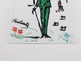drawing of a man in a green suit and hat with a cane