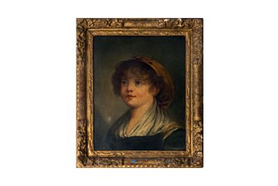 portrait d'une jeune femme coiffée d'un chapeau rouge, encadré d'un cadre doré