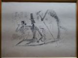 drawing of a cat sitting on a chair in a room