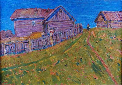 tableau représentant deux vieilles maisons en bois sur une colline, avec un ciel bleu en arrière-plan