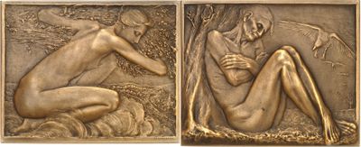 two bronze sculptures of a nude woman and a bird in a field