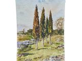 watercolor painting of three trees in a field with a river in the background