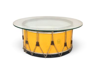 yellow drum coffee table with glass top and metal legs